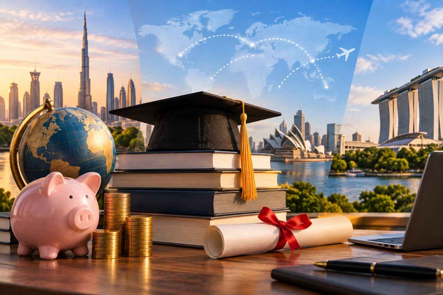Professional applicant exploring SP Jain Global MBA opportunities with global education, career growth, networking and international business exposure concepts represented through a modern city and world map illustration.